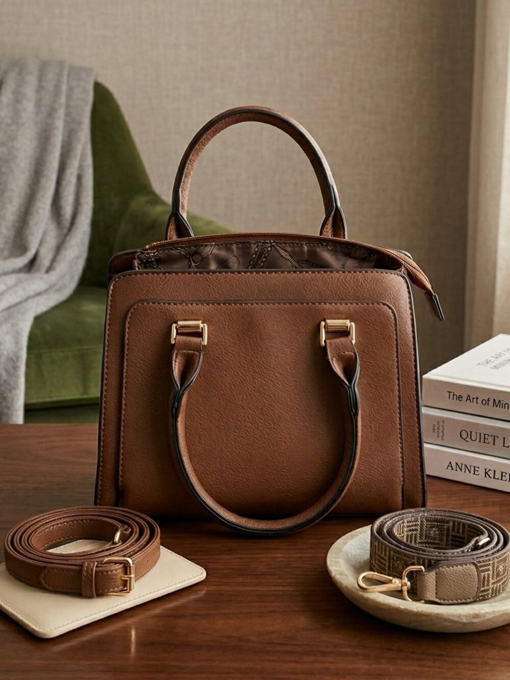 Anne Klein Cognac Satchel - Includes 2 Straps! Monogram & Matching Leather - Picture 2 of 14